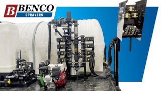 Custom spray truck with 8 valves for the different spray zones. You can see the injection and mixing chamber below the check valve