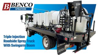 Custom spray truck with 1000 gal freshwater tank, triple injection, and a 7 zone swingarm roadside spray head.