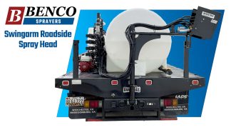 Custom spray truck with a 7-zone roadside nutating spray head mounted on swingarm to spray either the roadside or the median.