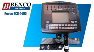 Raven SCS 4400 Sprayer Controller manages the mix ratios and boom shutoffs. Custom switchbox below for hand sprayer and wobbler controls