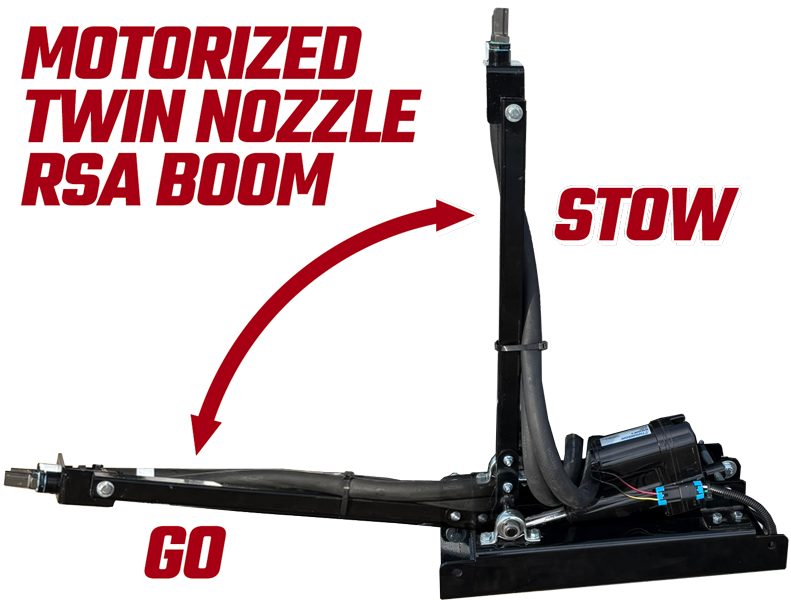 BENCO's RSA dual nozzle actuated boom adjusts your roadside spray height then rotates 90 degrees up out of the way when driving