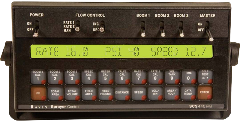 Raven SCS440 spray controller adjusts rate to speed and has controls for three boom valves.