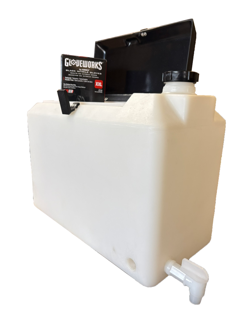 Nine Gallon Safety Tank for eyewash, hand wash, and flushing chemical. Includes covered storage compartment for safety items.